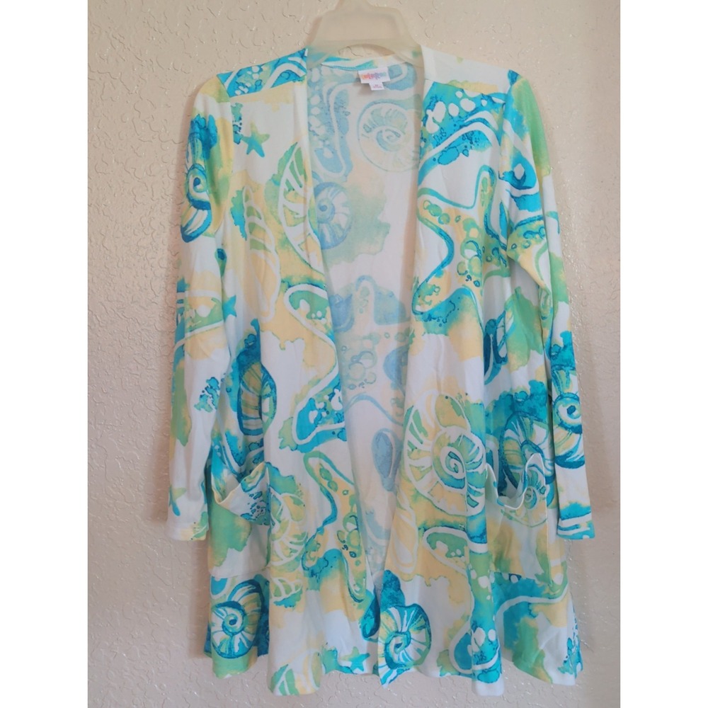 LuLaRoe Caroline Aqua Watercolor Sea Life Shell Open Front Cardigan Medium